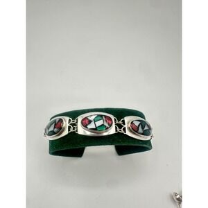 Vintage Sterling Silver Multicolor Inlay Bracelet & Earrings Set